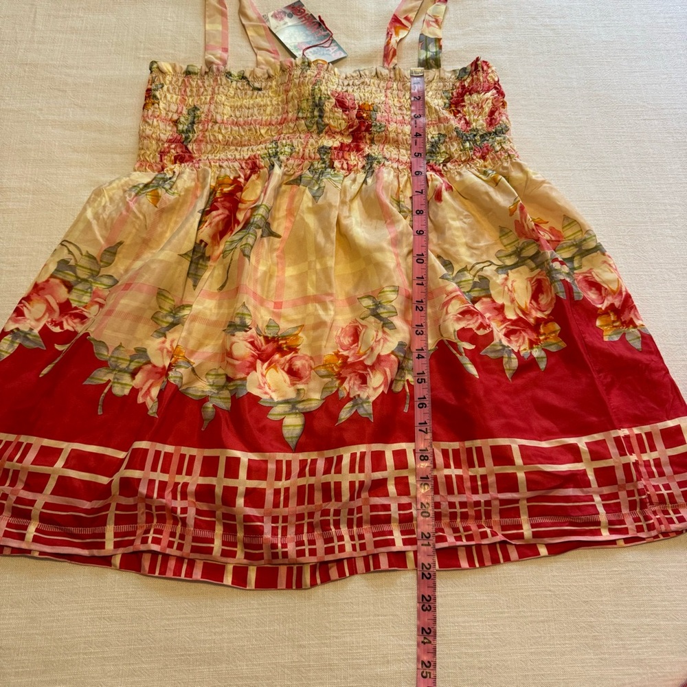 Johnny Was Cream and Red Smocked Tie Front Tank Top - Picture 5 of 8